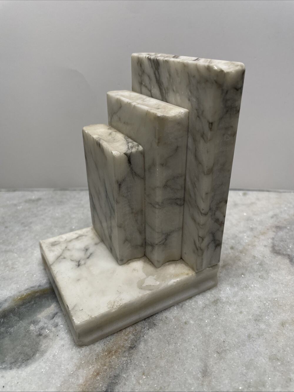 One Mid Century Alabaster Marble Bookend Hand Carved Stacked Book Shape Italy